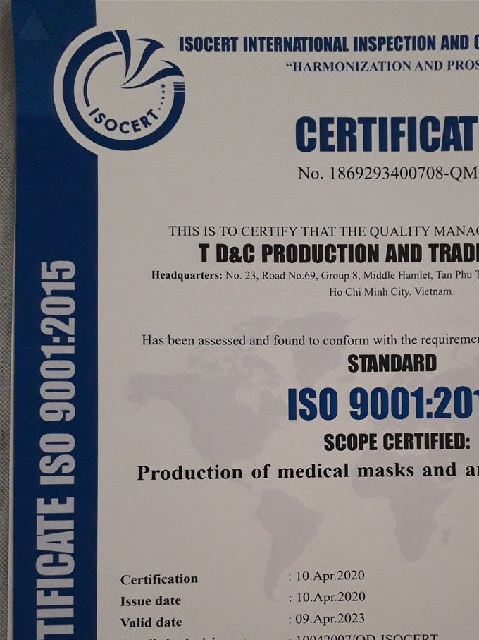 Certification ISO 9001 2015 of mask manufacturing company for Bao An company