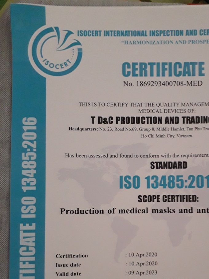 Certification ISO 13485 2016 of mask manufacturing company for Bao An company
