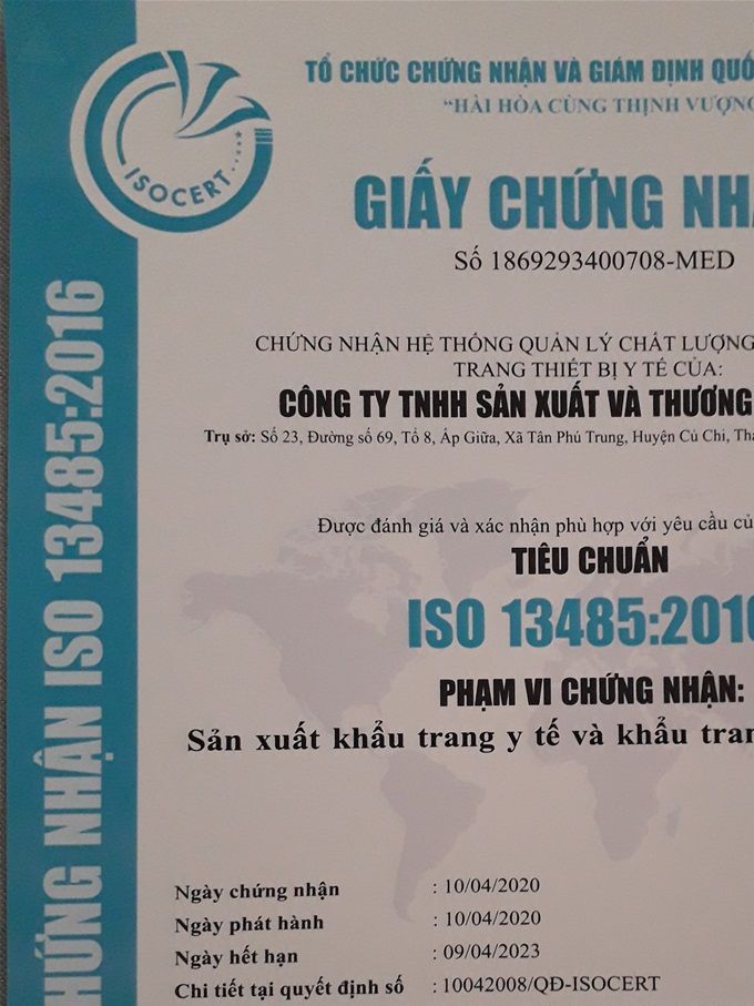 Certification ISO 13485 2016 of mask manufacturing company for Bao An company (Vietnamese)